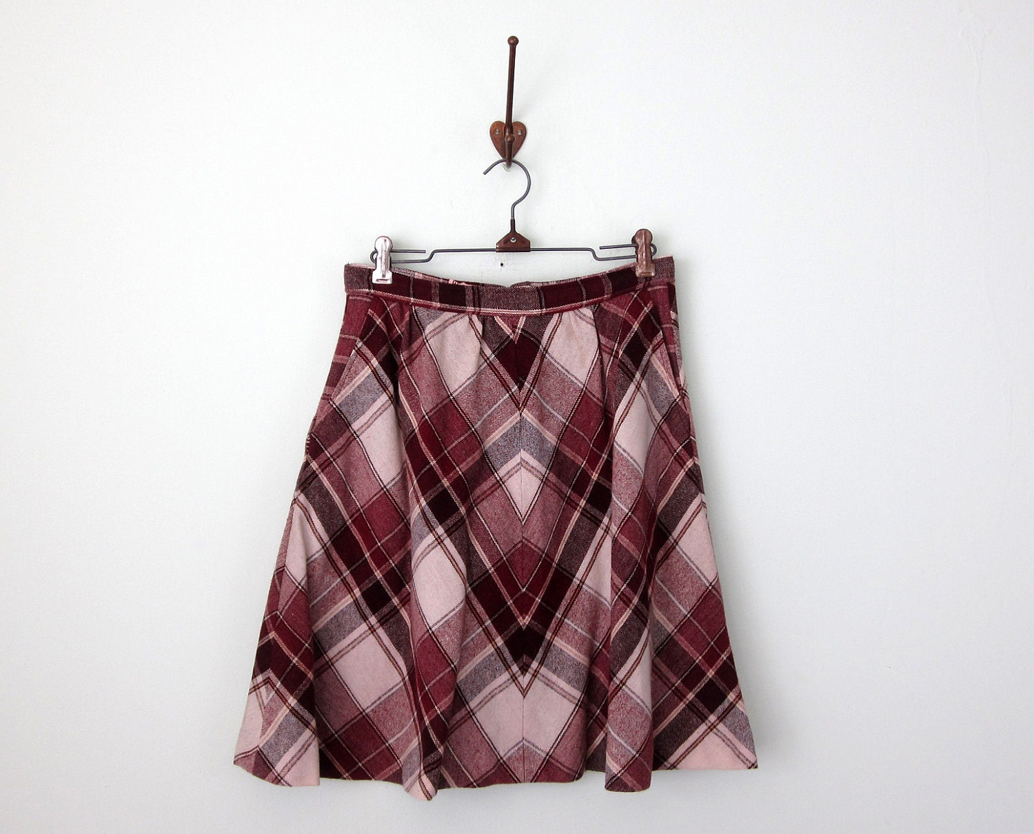70s skirt / maroon plaid aline mini s m