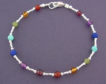 Rainbow Anklet - Gemstone Anklet in Sterling Silver - Ankle Bracelet - 9 inches, 9.5, 10 inches, 10.5, or 11 inches