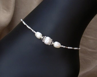 Pearl Anklet - Center Station Pearl Ankle Bracelet in Sterling Silver - Petite to Plus Size Anklet, 8.5 Inches to 14 Inches, Your Choice