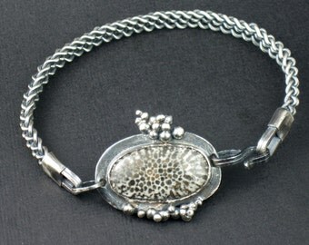 Woven Sterling Silver Fossilized Black Coral Bracelet