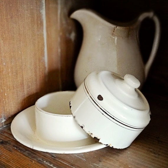 vintage enamelware covered butter dish with lid cream with