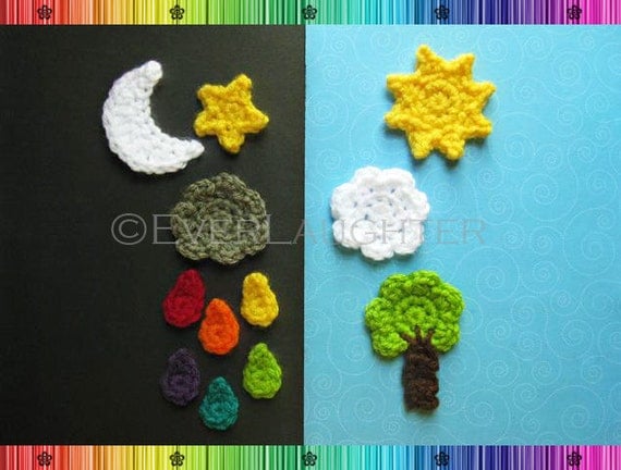 Sun Moon Star Cloud Raindrop Tree Applique  - CROCHET PATTERN