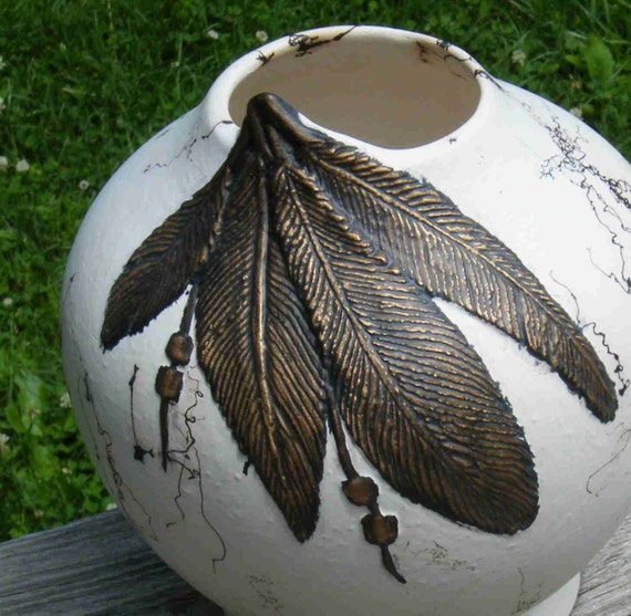 Horse Feathers Horsehair Raku Pottery with painted feathers