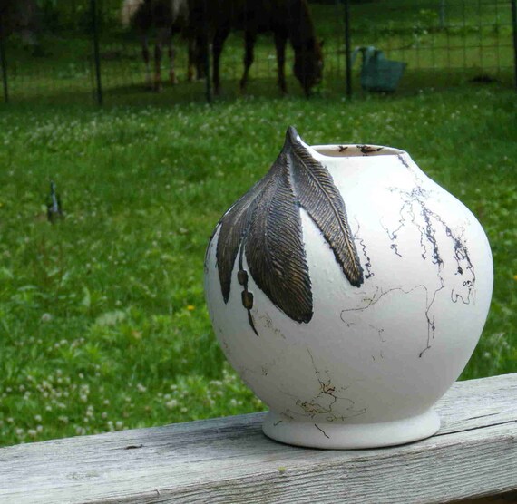 Horse Feathers Horsehair Raku Pottery with painted feathers