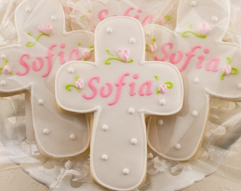 Personalized Rosebud Cross Cookies for Baptism, Communion - 12 Decorated Sugar Cookie Favors