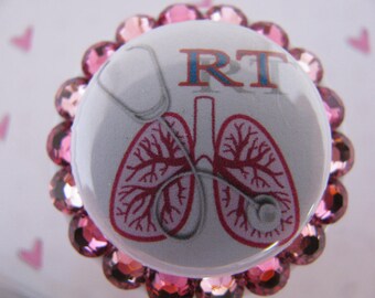 Respiratory Therapy ID Badge Holder Retractable Reel Name Tag Holder using Swarovski Elements