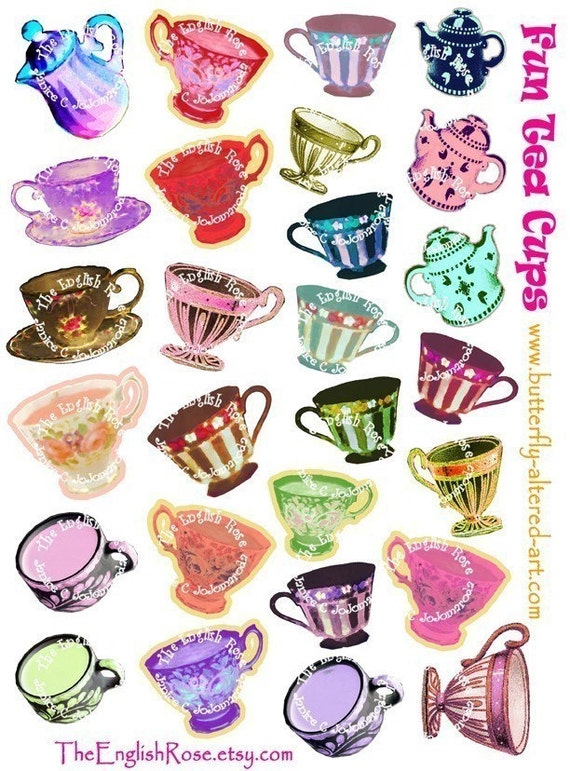 27 Whimsical Fun Tea Cups Fancy Color Collage Sheet Cool