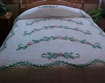 REDUCED. 50's chenille bedspread with swag flowers size 86X106 inches