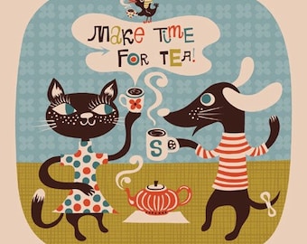 make time for tea... limited edition giclee print of an original illustration (8 x 8 in, 20 x 20 cm)