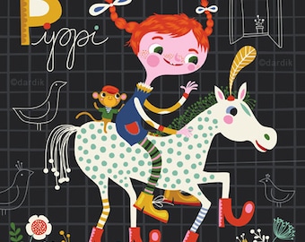 Pippi... limited edition giclee print of an original illustration (8 x 8 in, 20 x 20 cm)