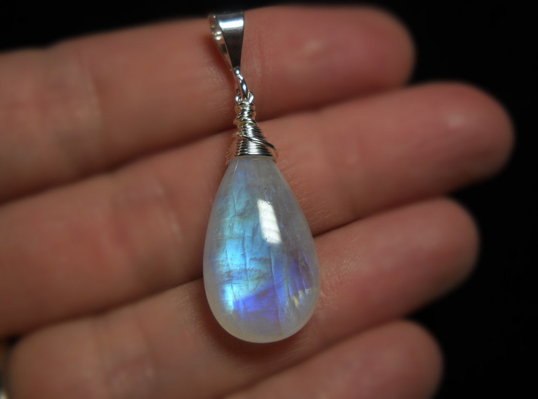 Large Rainbow Moonstone Pendant Gemstone Pendant Sterling