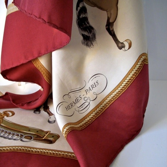 Hermes scarf Reprise by Ledoux 1970 claret with cream