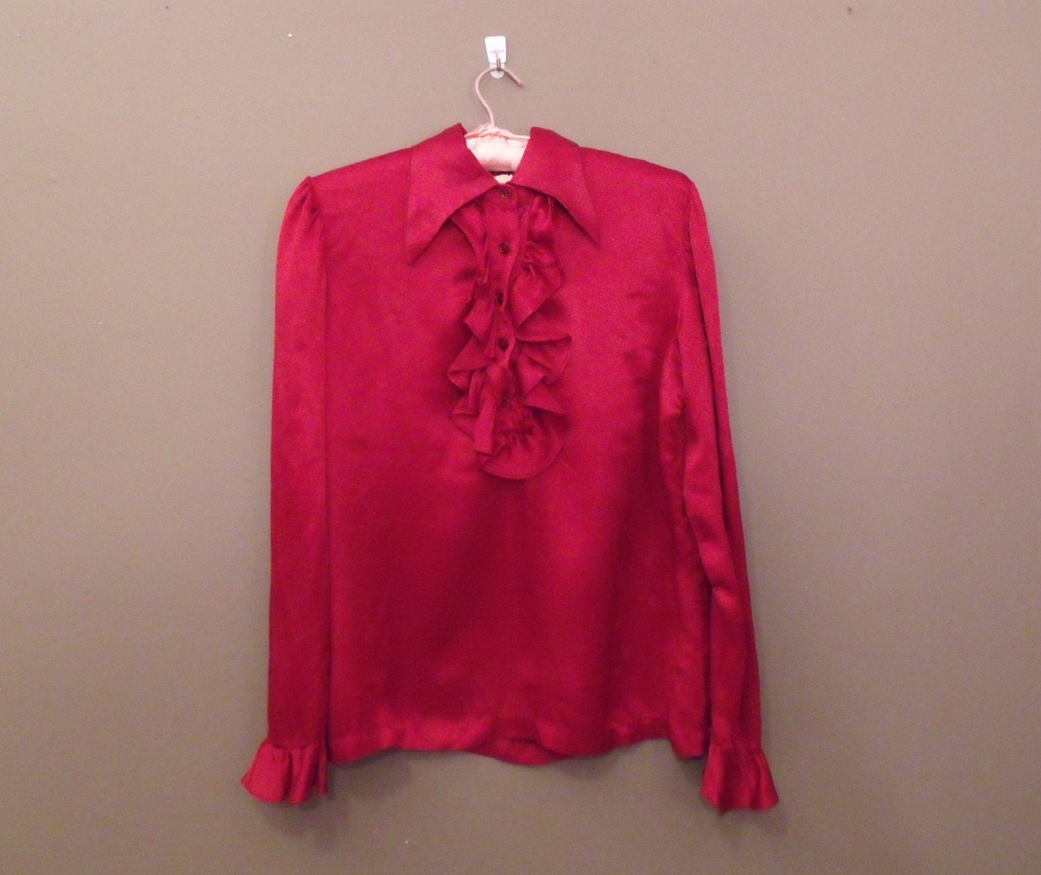 Vintage Ruby Red Satin Ruffled Blouse by SaltwaterTaffs on Etsy