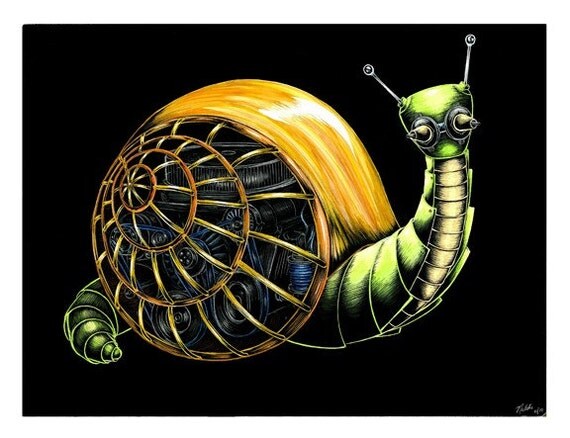 LIMITED EDITION Robot Snail Lithograph Print by natalierobots