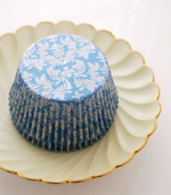 Items similar to Damask Blue and SIlver Cupcake Liners (50) on Etsy