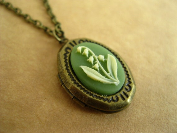 Items similar to Lily Of The Valley Locket Necklace Green Antique Brass ...
