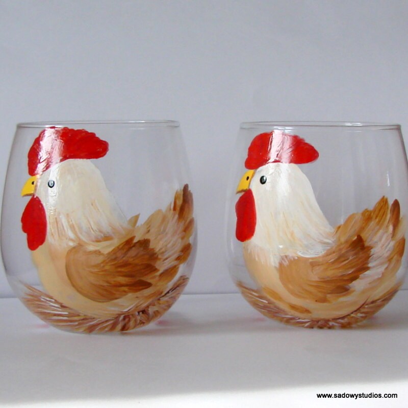 Chicken Wine Glass Stemless Hand Painted and Dishwasher Safe