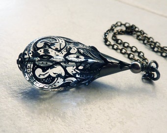 Black Lace Teardrop Pendant Necklace, Gift for Her, Women's Gifts, Long Chain, Wedding Pendant, Christmas Gift