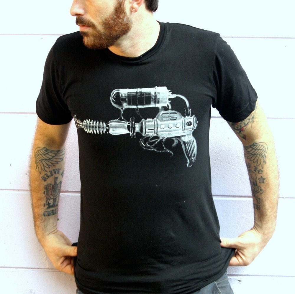 Steampunk Blaster Raygun Print on Black American Apparel TShirt - Complimentary Shipping - Available in XS, S, M, L, Xl and Xxl