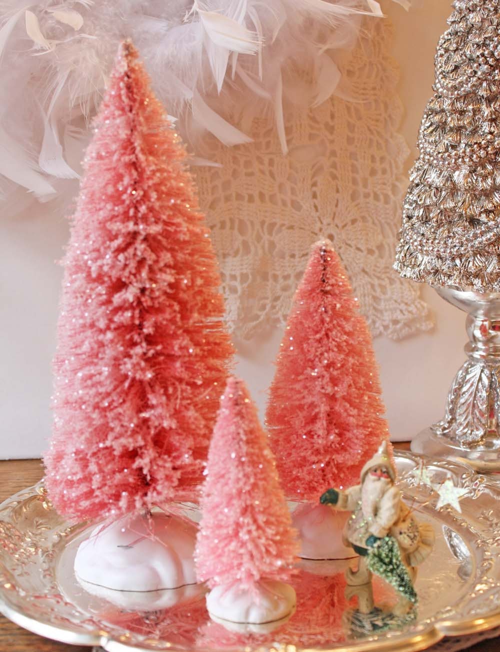 Bottle Brush Christmas Tree Set 3 Pink Glitter BottleBrush