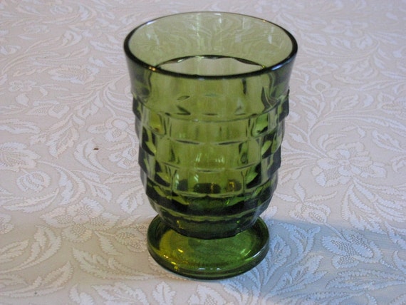 Set Of 6 Vintage Green Juice Glasses Footed Cube Pattern