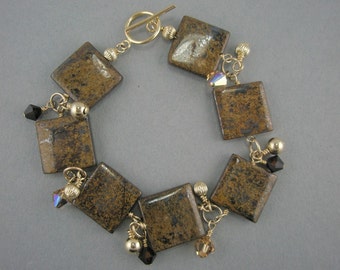 Gold Filled with Brown Brownzite Square Beaded Bracelet