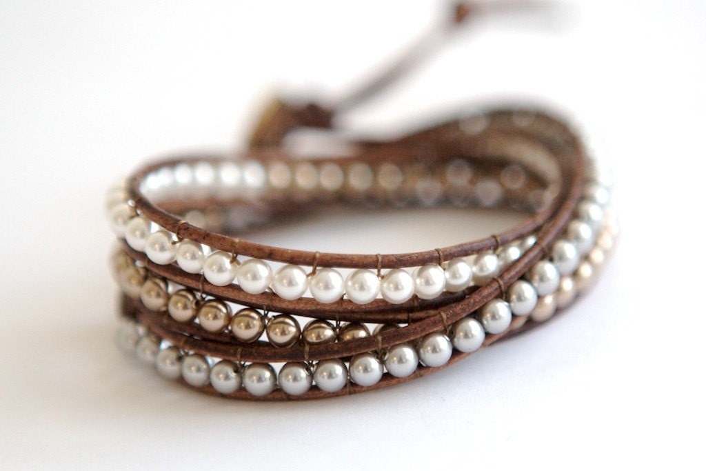 Triple Wrap Leather and Pearl Bracelet with Fine Silver Button