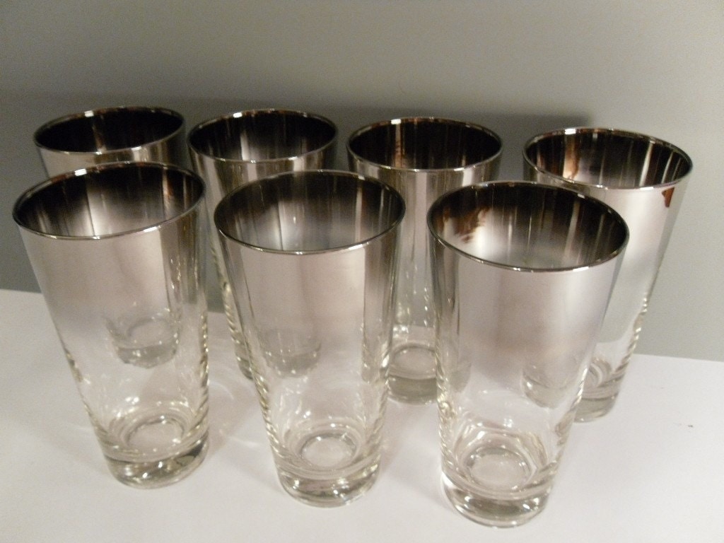 Vintage Set of Seven Tall Drinking Glasses with Silver frosted