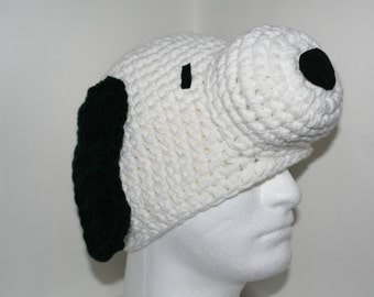 Handmade dog hat - white with black ears - inspired by Snoopy