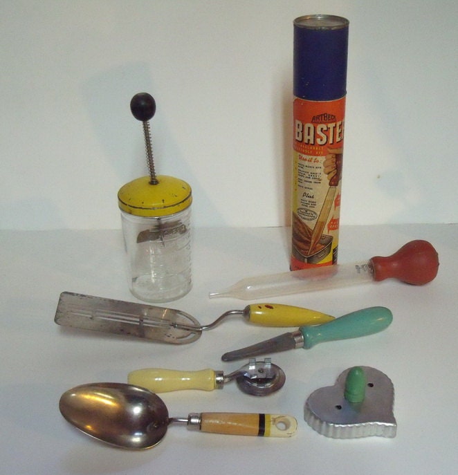 Vintage 1940s Kitchen Utensils Yellow Handles Potato Masher