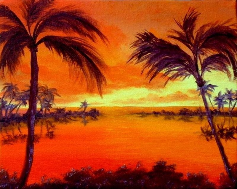 Hawaii Palm Trees Ocean Water Sunset Tropical Orange Yellow