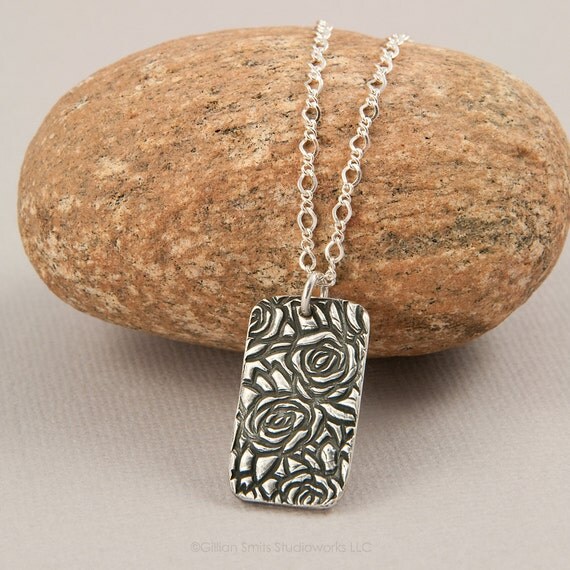 PMC rose necklace fine silver floral pendant oxidized jewelry