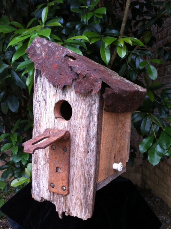 Wooded Birdhouse Rusty Hinge Upcycled Recycled by ...