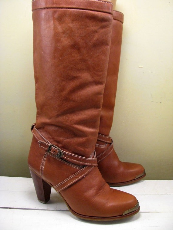 Boots Tall Leather Heel Rust Colored Strap Detail by nowvintage