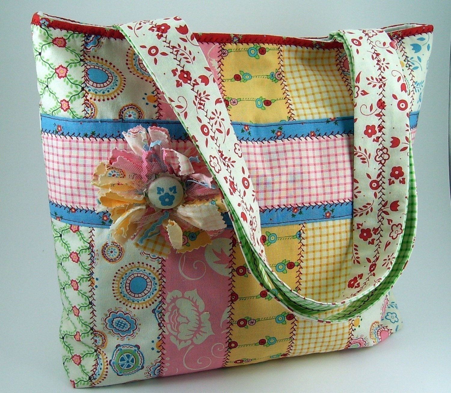 Jelly Roll Tote Bag Sewing Pattern with Fabric Flower Brooch