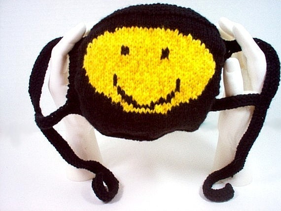 Handmade hand knit surgical style mask Smiley Face Yellow and