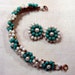 Vintage 50's 60's White and Aqua Beaded Flowers Bracelet and Earring Set