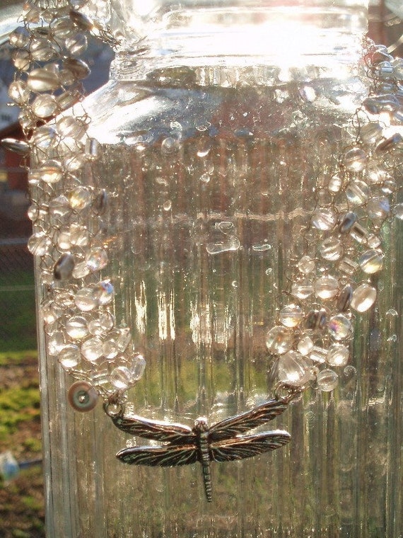 Items similar to Handknitted Wire, Glass Bead and Dragonfly Necklace on