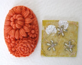 Vintage Flower Cabochon Coral Orange Glass Carved Style Japan 35x23mm gcb0212 (1)