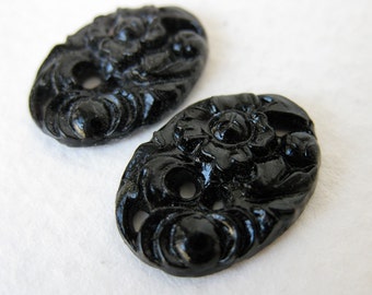Vintage Flower Cabochon Black Glass Carved Japan 18x13mm gcb0475 (2)
