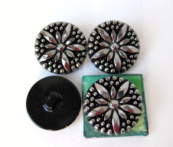 Vintage Glass Buttons. Silver Star Black Faceted Starburst