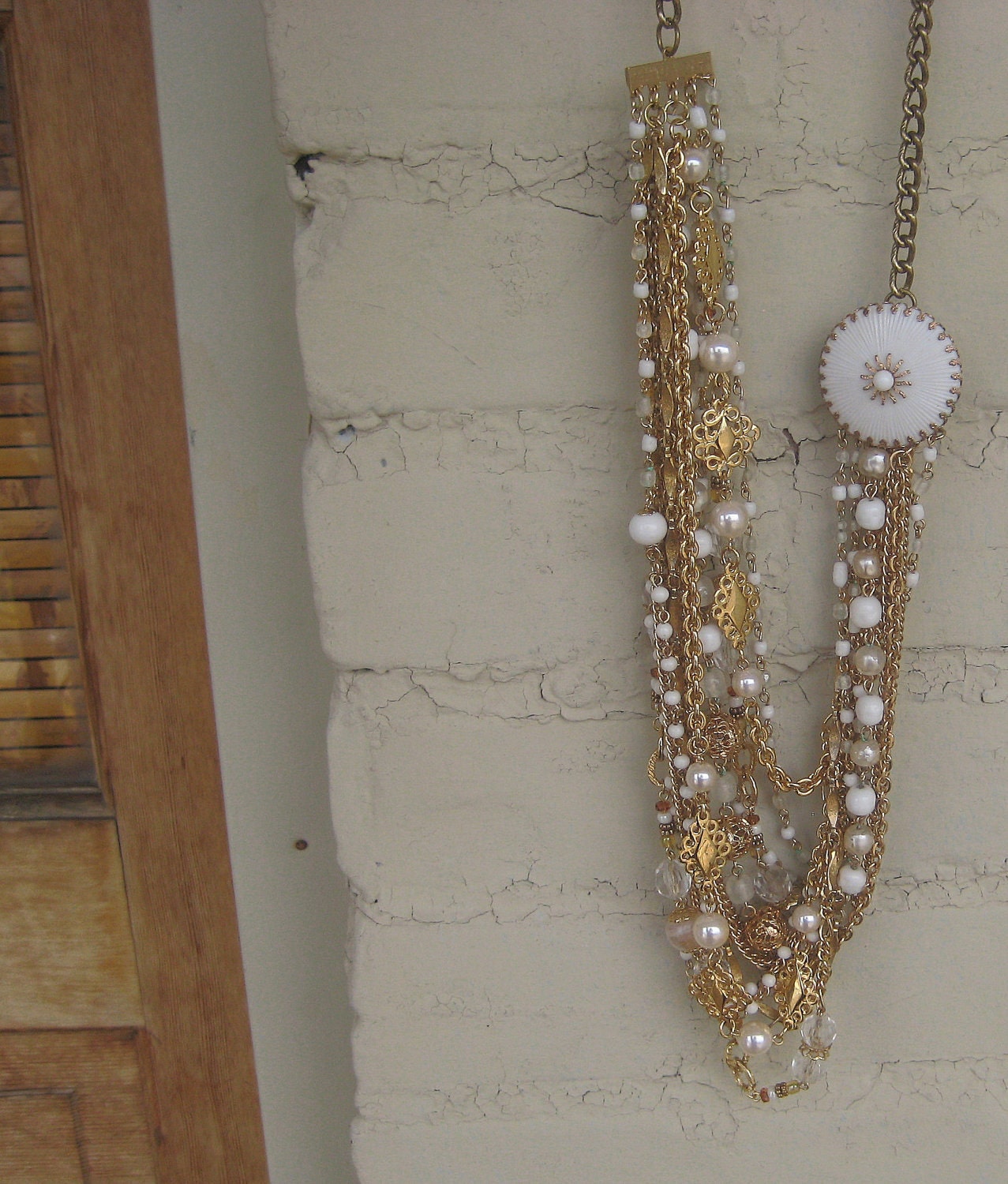 Long Vintage Chain Pearl Necklace Multi Chains layered Gold