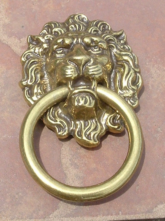 Large Solid Brass Antiqued Lions Head Drawer Pulls