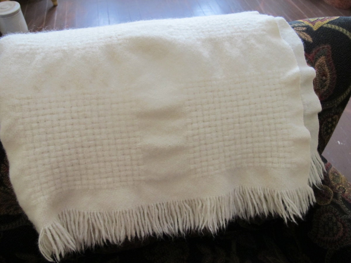Vintage White Wool Blanket All Wool Carriage Blanket Baby