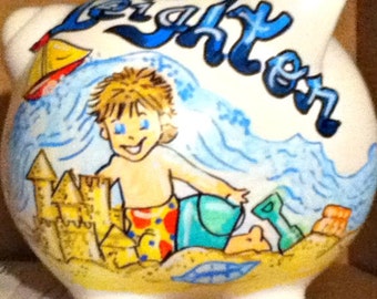 Personalized Piggy Bank Beach Boy Surfing Beach Theme Hand Painted Kids Bank