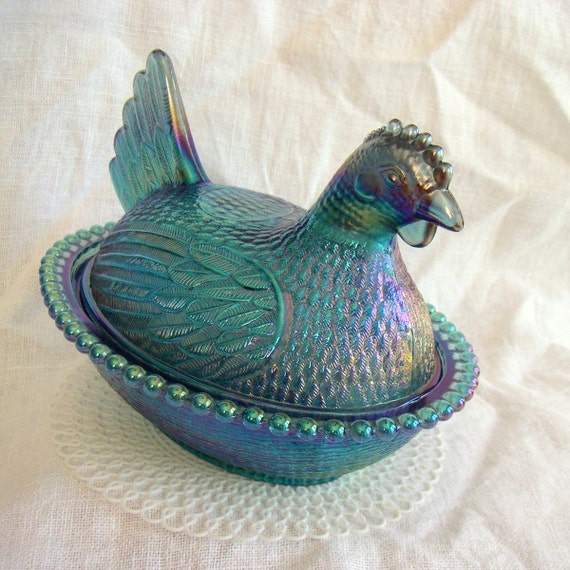 Blue Carnival Glass Hen on a Nest 1970's