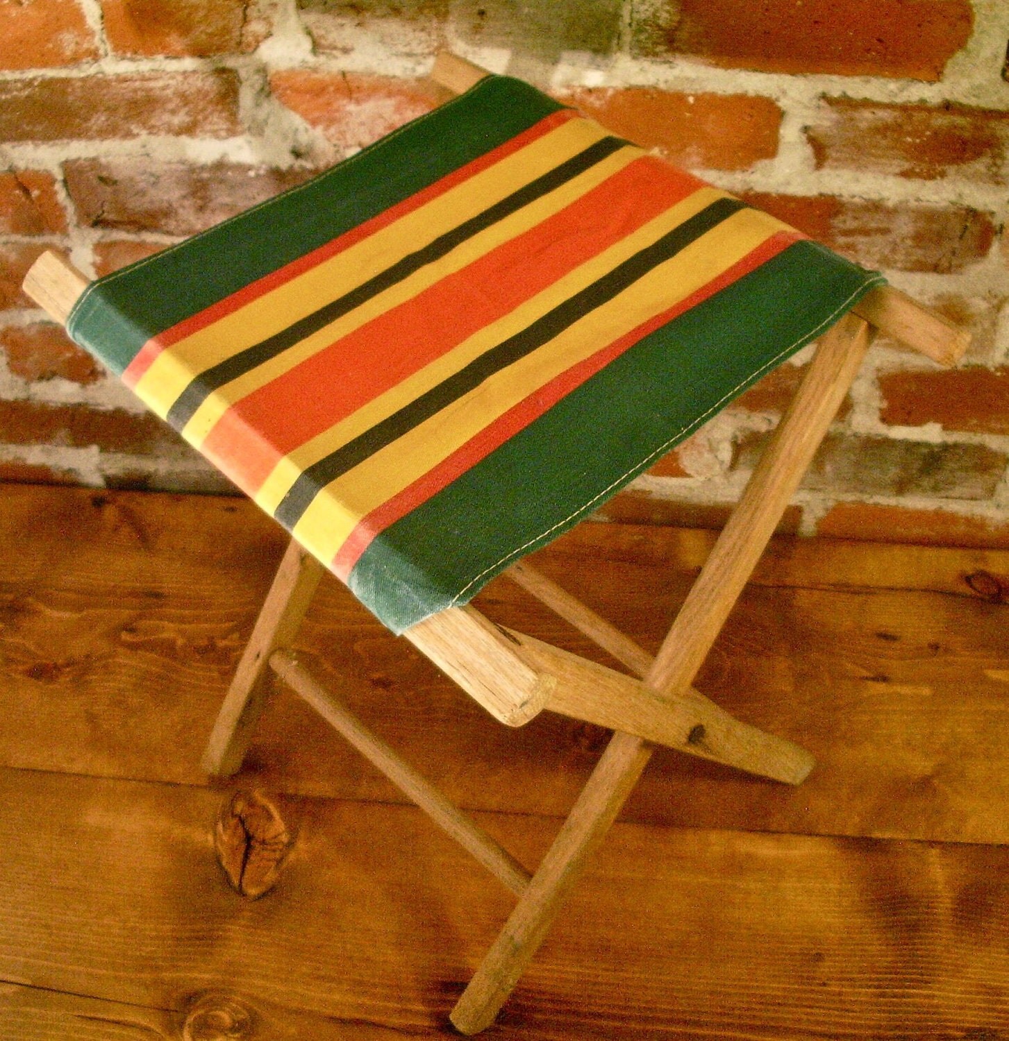Vintage Folding Camp Stool with Original Canvas