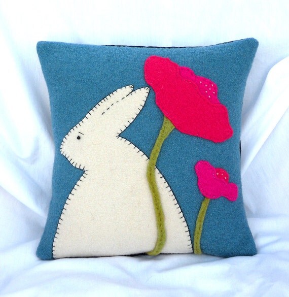 Wool Rabbit Applique Pillow Prim Rabbit pillow Whimsical
