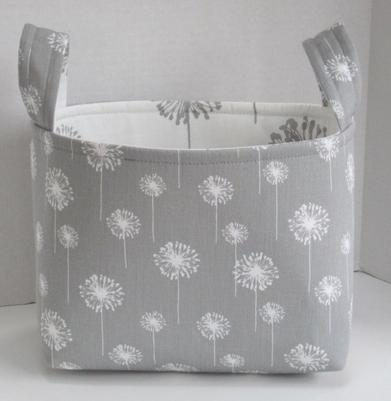 Large Gray and White Dandelion Floral Fabric Basket