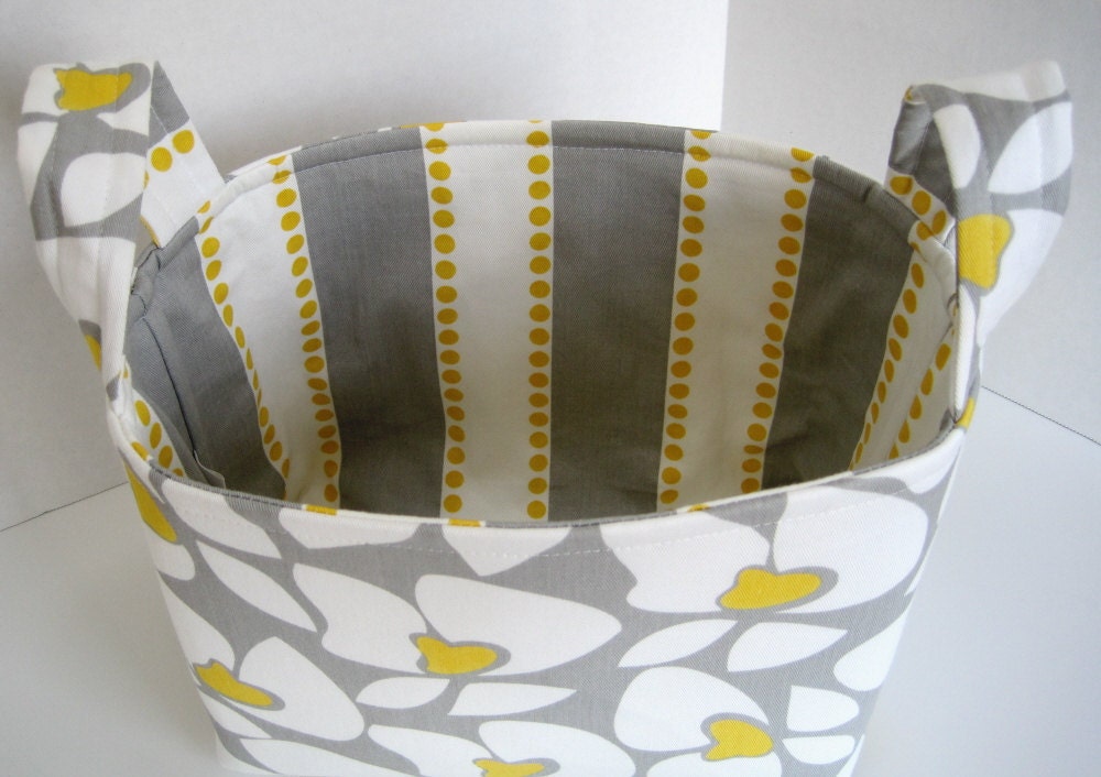 Large Gray and Yellow Mod Floral Fabric Basket